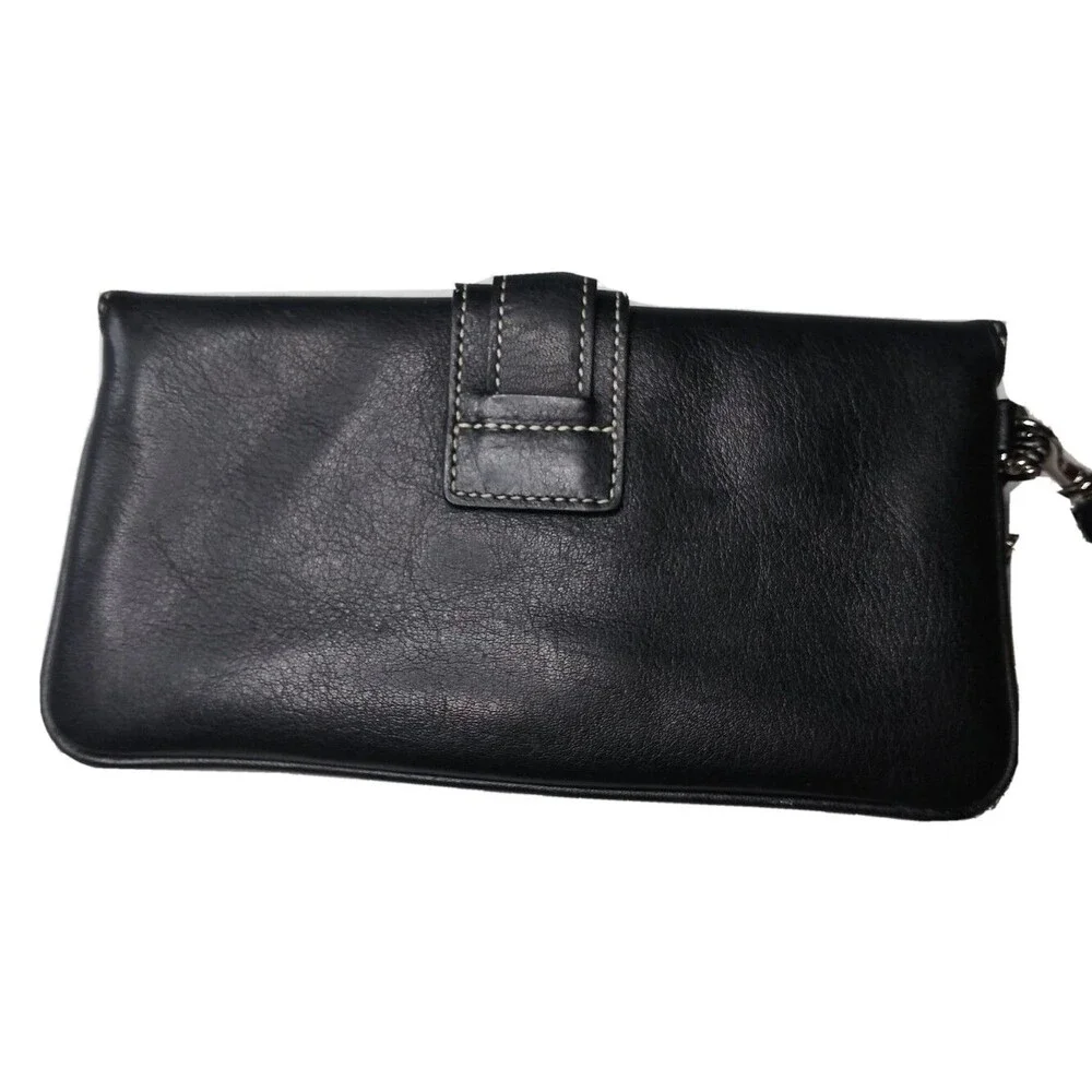 Coach Black Leather Wristlet Clutch Purse Medium Size charm & tassel accent